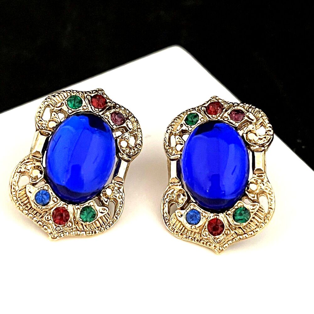 Vintage 1980s Blue Cabochon Earrings Crystal Accent Gold Tone Pierced - 7J